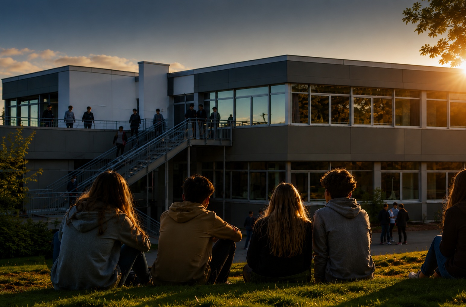 Schülerinnen und Schüler der Leopold-Sonnemann-Realschule vor dem Schulgebäude