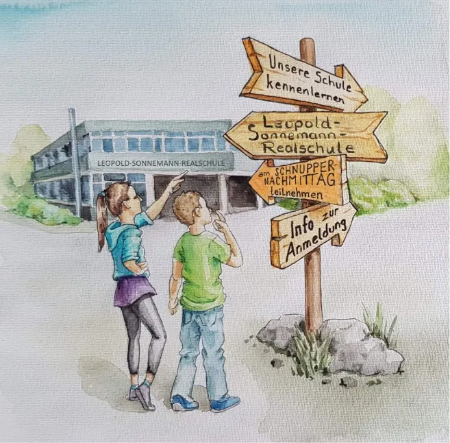 Wegweiser mit den Schildern: Unsere Schule kennenlernen, Leopold-Sonnemann-Realschule, am Schnuppernachmittag teilnehmen, Info zur Anmeldung