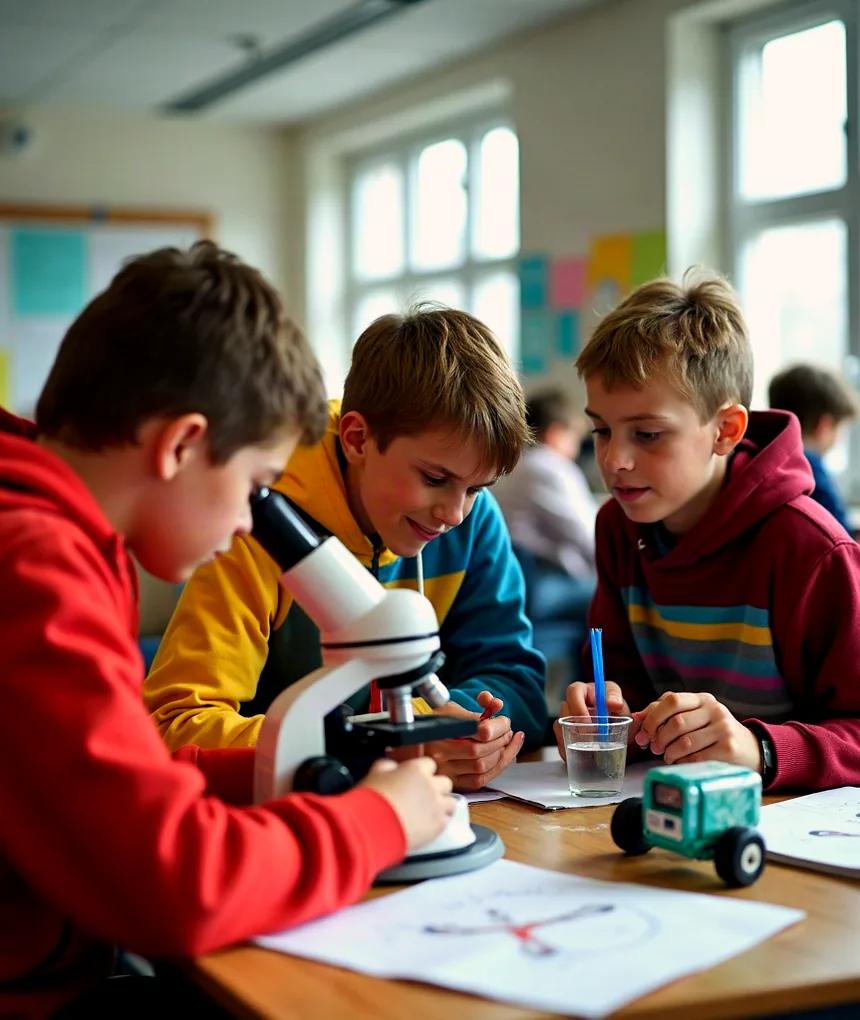 Schülerinnen und Schüler experimentieren im MINT-Unterricht mit Mikroskop und Technik